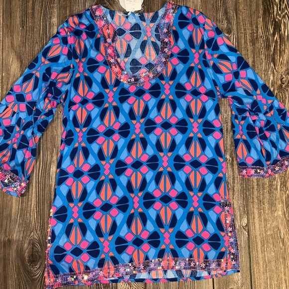 escapada Tops - Escapada Living Beaded Blue Mosaic Tunic Coastal Sapphire 3/4 Sleeve Sz Medium